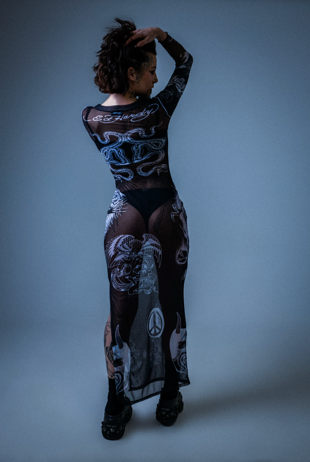 Vestido de Tule Preto "Tattooed Skin" Ed Hardy x Matuê