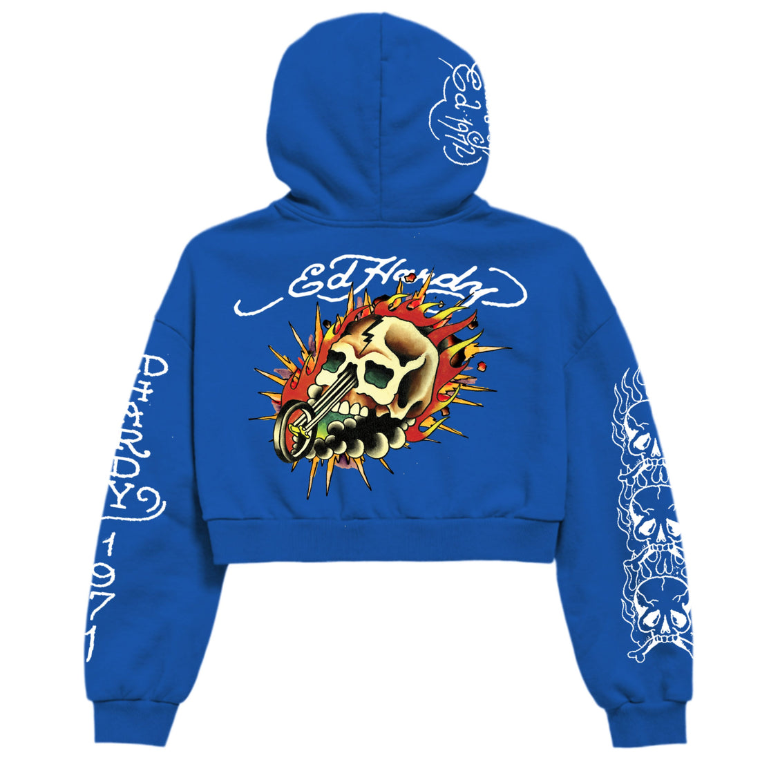 Blusa de Moletom Cropped "Flaming Skull" Azul