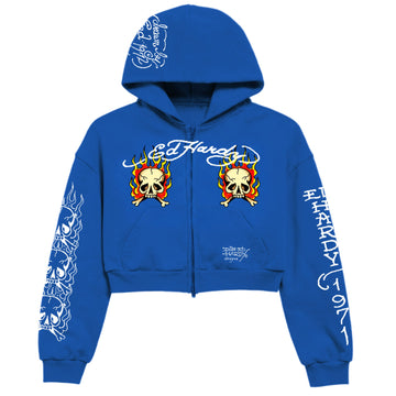 Blusa de Moletom Cropped "Flaming Skull" Azul