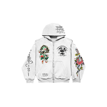 Hoodie Zip Off White Rhinestone "EDH 1OF1 FOREVER" Ed Hardy & 1OF1 Exclusivist