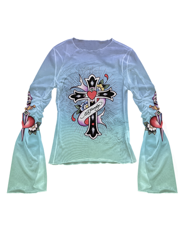 Blusa Manga Longa de Tule Azul Ed Hardy by Tasha & Tracie