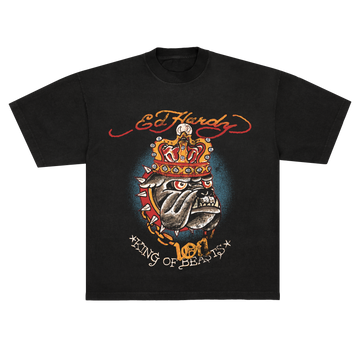 Camiseta Preta Rhinestone "King of Beats" Ed Hardy & 1OF1 Exclusivist